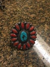 coral and turquoise native american sterling ring