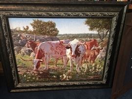 large longhorn framed picture= signed and numbered -local new braunfels artist
