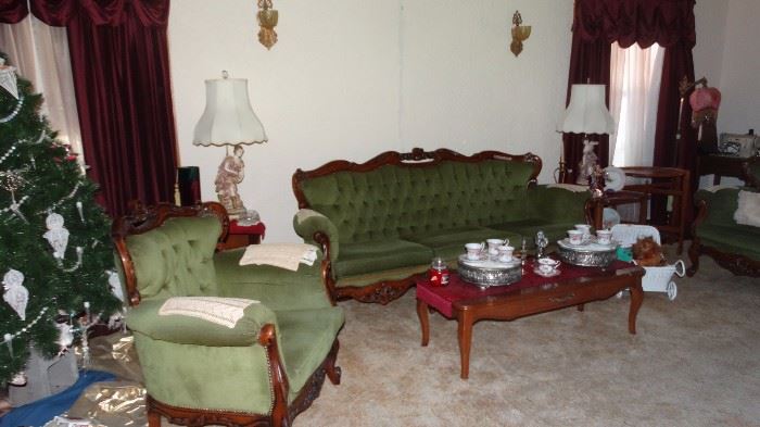 ITALIANATE CARVED TUFTED BACK UPHOLSTERED SOFA, & TWO ARM CHAIRS. FRENCH PROVINCIAL COFEE TABLE