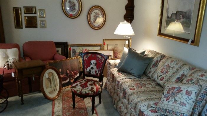 Antique chair, Wesley Hall patterned sofa