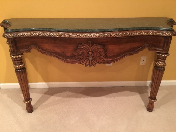Designer Sofa Table with green marble top. 