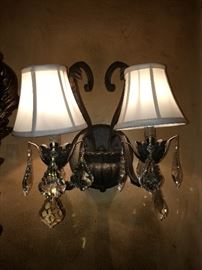 Set of 2 light sconces with lamp shades and crystals. Purchased from The Great Indoors. 