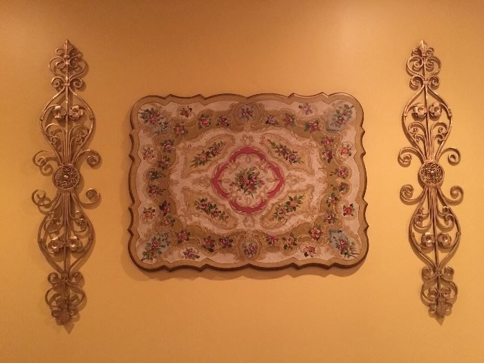 Wall plaque tapestry & gold iron scroll sconces. Can be sold as a 3 piece set or sconces can be sold as a set. 