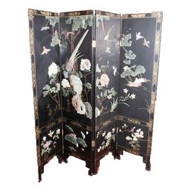 Chinese Inspired Screen: A Chinese inspired screen with an applied stone landscape scene. The scene uses several varieties of stone to create an image with multiple birds around a tree with peonies growing at the base and a lotus growing in the water.
Corresponds with item 17COL113-027.