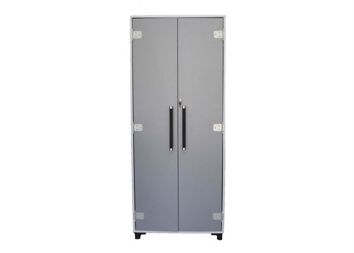 Storage Cabinet by Sauder: A large narrow upright storage cabinet made of manufactured wood with a dark gray laminate finish, silver toned handles with black grips and locking mechanism with key. Also included are three interior shelves. Companion to items #002, #003, #004, #006.