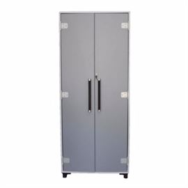 Sauder Storage Cabinet: A large narrow upright storage cabinet made of manufactured wood with a dark gray laminate finish, silver toned handles with black grips and locking mechanism with key and three interior shelves. Companion to items #002, #003. #005, #006.