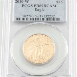 Graded PR69DCAM (By PCGS) 2010 W $25 (1/2 ounce) Gold Eagle Proof Coin: An encapsulated and graded PR69DCAM (By PCGS) 2010 W $25 (1/2 ounce) gold eagle proof coin. Designer: Augustus Saint Gaudens/Miley Busiek. Metal content: 91.67% gold, 3% silver, 5.33% copper. Diameter: 27 mm. Weight: 16.97 grams. Very good condition.