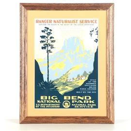 Framed Offset Lithograph Reproduction Big Bend National Park WPA Poster: A framed offset lithograph Big Bend National Park WPA poster. This reproduction print of an original Federal Art Project poster from the late 1930’s depicts a colorful high contrast landscape showcasing Casa Grande and other geographical features of the national park. It is presented under glass with a white mat and a painted black frame. A hanging wire is included mounted to the verso.
