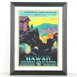 Framed Offset Lithograph Reproduction Hawai'i National Park WPA Poster: A framed offset lithograph Hawai’i National Park WPA poster. This reproduction print of an original Federal Art Project poster from the late 1930’s depicts a colorful high contrast landscape showcasing the geographical features of the national park. It is presented under glass with a white mat and a painted black frame. A hanging wire is included mounted to the verso.