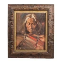 H. Gamble Native American Portrait Oil Painting on Canvas: An original signed oil painting portrait depicting a Native American, by artist H. Gamble. The painting depicts a white haired Native American with hair worn in two braids. The painting is signed to the lower left “H. Gamble”, and is presented in a rustic wood frame with a burlap fillet, with a hanging wire on the back.