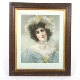 Vintage Chromo Lithograph Print: A framed, vintage chromo lithograph print depicting a woman wearing a flowered bonnet and a blue dress with yellow flowers. The unsigned print is presented with a white mat and glass in a wood frame with a gilded border. Ready to hang.