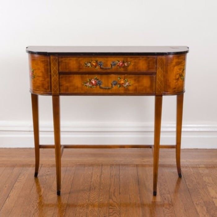 Vintage Console Table by Imperial Furniture Company: A vintage console table by Imperial Furniture Company. This table features a demilune shape with a scalloped edge top over a pair of dovetail joined vertical drawers. The table rises on tapered legs supported by a stretcher and features painted floral details to the drawers and sides. The piece is marked to the interior, “Imperial, Made In Grand Rapids.”