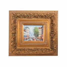 Bernett Oil Painting on Canvas Parisian Street Scene: An original signed oil painting on canvas depicting a Parisian street scene, signed “Bernett”. The painting is rendered in an abstract manner, with thick impasto paint strokes. It is presented in an ornate gilded frame with a hanging wire on the back.