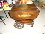 Pine drop leaf tea cart with wooden wheels