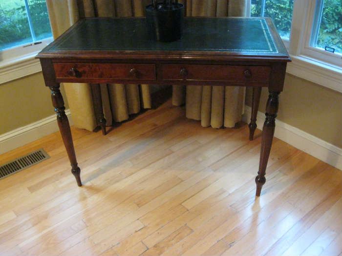 English mahogany Sheraton style writing table, leather tooled top