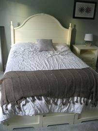 Cottage style bedroom set: Queen platform bed, nightstand, dresser/mirror, desk/hutch