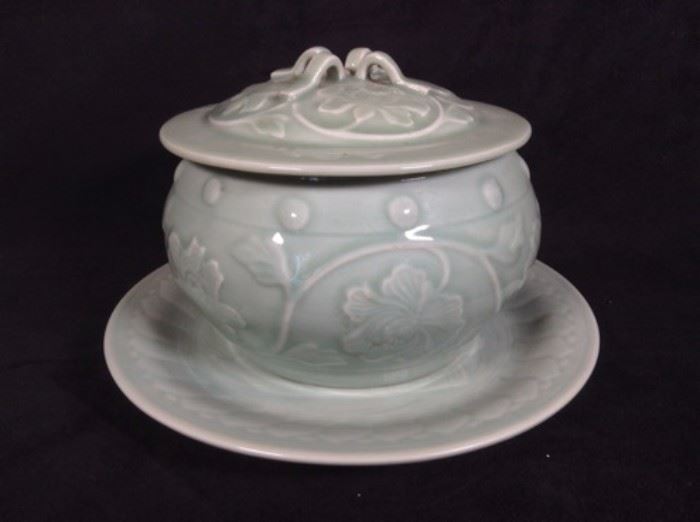 Celadon lidded pot with under plate