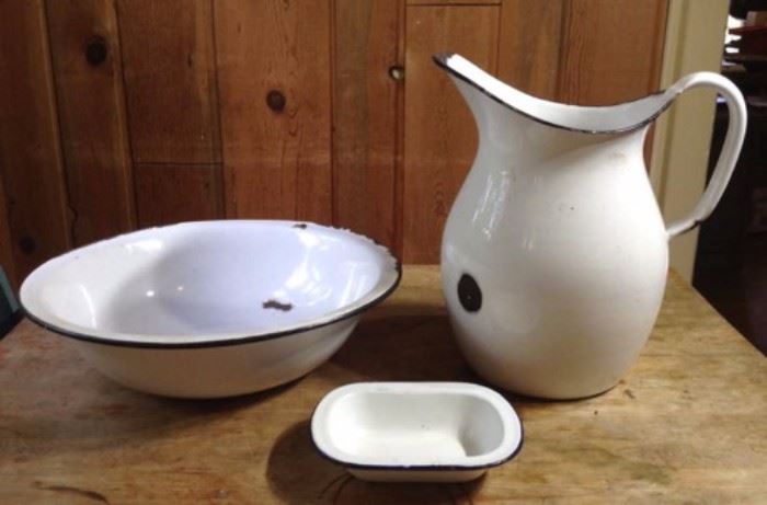 Vintage enamelware washstand pitcher, bowl and soap dish