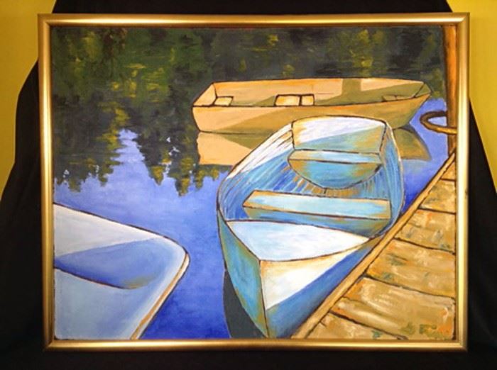 Signed acrylic on canvas boats at dock