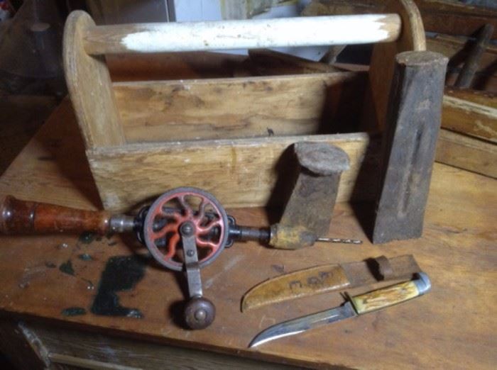 Vintage tools including drill metal wedge tool box and knife