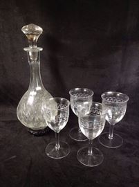 Etched wine glassed and decanter