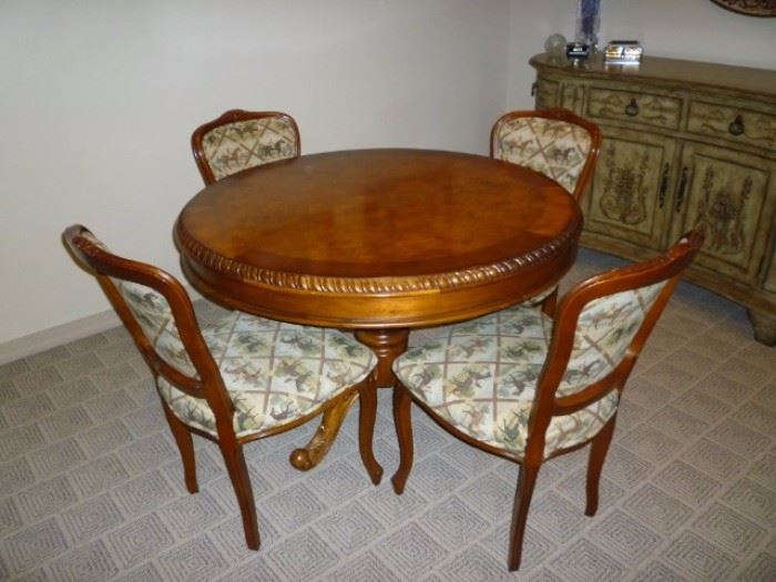 Round Wood Pedestal Table with 4 Upholstered Chairs