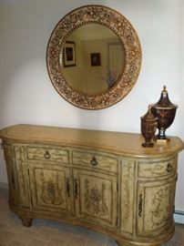 Stenciled Credenza and Round Mirror with Covered Urns