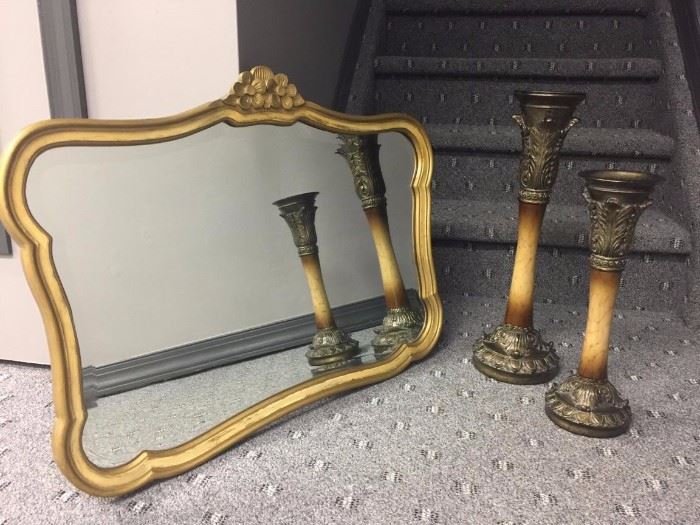 Gold Framed Mirror and Candle Sticks