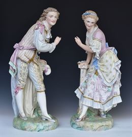 A Finely Dressed Gent and Lady with Vion Baury mark each 28" high late 19th century