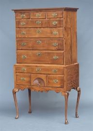 Queen Anne Highboy, Jeremiah Day, Ipswich Massachusetts with fan carving 72" high 35 " wide 19 1/2" deep 18th century, ex- Israel Sack (with reciept dated 1968), bid online at www.fairfieldauction.com