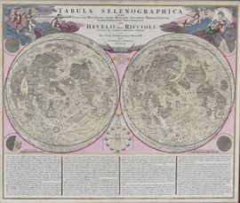 antique map, Tabula Selenographica depicting the lunar maps of J. Hevelius and G. Riccioli hand colored engraving 19 3/8" x 22 7/8" (impression), bid online at www.fairfieldauction.com