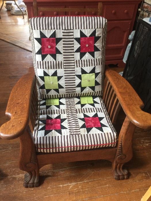 Morris Chair Recliner. Original cushions. Recovered in Adirondack style with hand patched stars and pearl buttons.