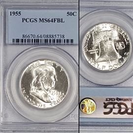 Cur Coins Franklin Silver Half Dollar 1955 MS64FBL PCGS Graded Slabbed