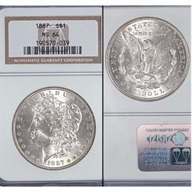 Cur Coins Morgan Silver Dollar 1887 NGC MS64 Graded Slabbed
