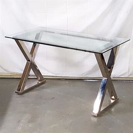 Furniture Mid Century Chrome X Base Glass Top Dining Table