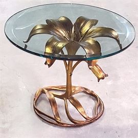Furniture Mid Century Modern Glass Top Flower Base Accent Table
