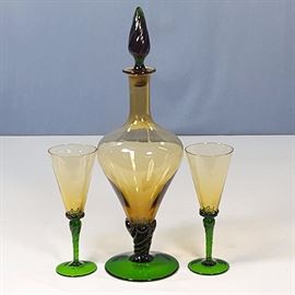 Glass Art Decanter And Two Glasses