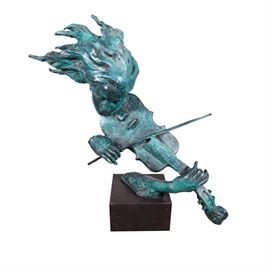 Woman with Violin Sculpture: A sculpture in metal and cast aluminum of a woman playing the violin. This turquoise colored sculpture depicts the head and arms of a woman engaging in playing the string instrument and is attached to a black stone base. No signature is present to the piece.