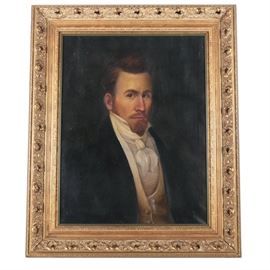 Oil on Canvas Portrait of Man: A framed original oil painting portrait of a man. This antique painting depicts a bearded man in 18th-century attire set against chiaroscuro background. The work is presented in a gilded wood and gesso frame with a hanging wire attached to the verso.