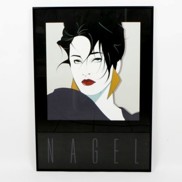 Patrick Nagel Signed "Commemorative Number One" Serigraph: An original serigraph by artist Patrick Nagel (1945-1984) titled Commemorative Number One. This serigraph depicts the head of a woman with dark hair, pale skin, and dark red lips. The woman wears a pair of large gold-tone triangular earrings. Her dark hair is short with wispy strands hanging in the frame of her face. The remainder of the space features a large black border with the artist’s name at the bottom in a tall periwinkle-hued font. Signed by hand in the lower left corner of the plate. The serigraph is framed in a thin black metal frame. It is wired for hanging on the verso.