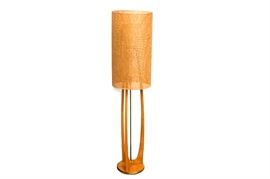 Mid Century Danish Modern Floor Lamp by Adrian Pearsall: An original Mid Century Danish Modern floor lamp by designer Adrian Pearsall (1925 – 2011). This designer piece is constructed of teak, with double sockets that are concealed under glass globes, to soften lighting; and further accented by a cane weave, barrel shaped shade.