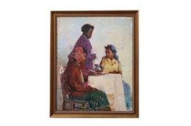 African American Textured Oil Painting - Unsigned: An expertly rendered African American textured oil painting. This unsigned depiction on board, features three attractive young women at tea; finished in a delicate palette of blue, red, purple, and brown.