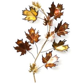 Signed Curtis Jere Brutalist Maple Leaf Sculpture: An original signed Curtis Jere 1971 Brutalist sculpture. This rendering of maple leaves has been crafted from a mixed alloy metal with heavy brass content, further enhanced in tone by a naturally occurring patina. This work is signed to the verso, and has circlets for hanging.