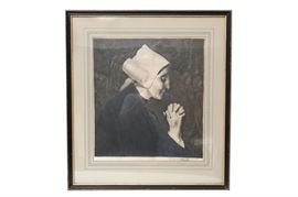 Original Jean Vyboud Engraving "Bretonne in Prayer": An original Jean Vyboud (French 1872-1944) engraving titled Bretonne in Prayer. This rendering is on vellum, and features a matronly Breton woman deep in solemn prayer. The artist’s signature is located to the margin. This work is housed securely under glass with protective matting, and in a black frame.