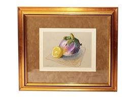 S. Hamel Original Signed Pastel of Fruit: A signed original pastel of fruit by artist S. Hamel. This work depicts a purple eggplant and a cute lemon. Signed in green to the lower left and displayed under glass in a light brown mat and gilded beveled frame. Wired to the back for hanging.