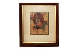 Original Mixed Media Portrait Painting by Sunderhaus: An original signed mixed media portrait by Sonderhaus. The work depicts a woman with straight red hair, a green draped collar and having a serious somber expression on their face. The work is rendered in watercolor with added black pen details. Displayed in double mats and a narrow gilded frame.