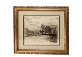 Robert Hunter Etching: An original etching of a charcoal drawing by Robert Hunter. This rendering depicts a house with trees to the right and a low building with three arches to the left. Tall mountains are to the background. The work is displayed under double mats and a gilded frame with decorative edge. Signed to the lower right margin and wired to the back for hanging.