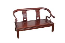 Hand Carved Chinese Bentwood Bench: A Chinese hand-carved bentwood bench. This streamline piece features a simplistic and elegant design, with a bentwood back rest rail, open-work back, and scrolling, scalloped arm-rests.
