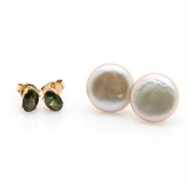 A Selection of 14K Yellow Gold Cultured Pearl and Green Tourmaline Earrings: A selection of 14K yellow gold earrings featuring one pair of coin pearl shape cultured pearls and one pair of prong set oval faceted green tourmaline.