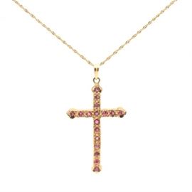 14K Yellow Gold Ruby Cross Necklace: A 14K yellow gold singapore chain showcasing a cross pendant adorned with seventeen round faceted rubies.